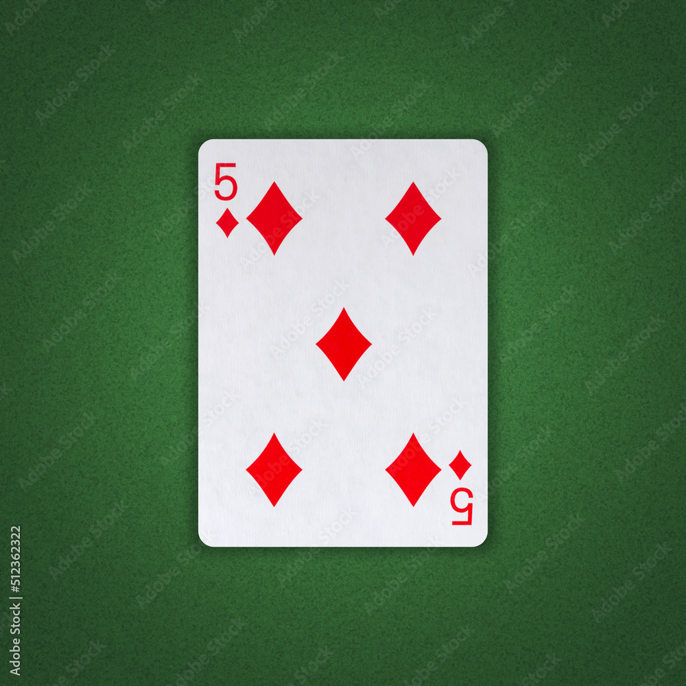 Five of Diamonds on a green poker background. Gamble. Playing cards. Five of Diamonds on a green poker background. Gamble. Playing cards.