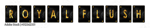 Foto Royal Flush, word, from alphabet on vintage playing cards, isolated on a white background