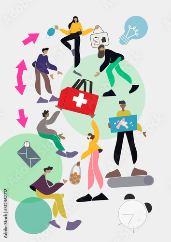 Volunteers work together and help each other. Washing hands. Face mask. Products. Coronavirus concept. Send letter. Clock. Ambulance. Arrows. Circle action. Helping hand. Cartoon illustration.