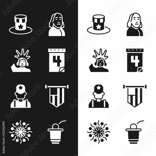 Set Calendar with date July 4, Statue of Liberty, Patriotic American top hat, Benjamin Franklin, Sheriff cowboy, flag, Beer pong game and Firework icon. Vector