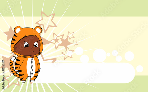 standing baby kid cartoon with tiger pijama illustration background in vector format