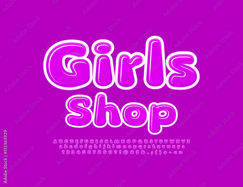 Vector modern Sign Girls Shop, Cute Bright Font. Creative Alphabet Letters and Numbers
