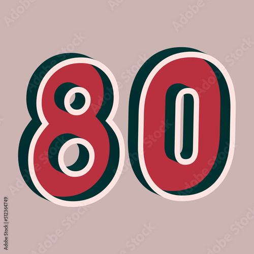 Vector number 80 with 3D effect in retro style. Well red and Deep Teal colors