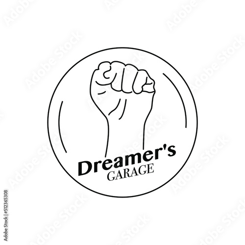 line art hand clenching in the air with line art symbol