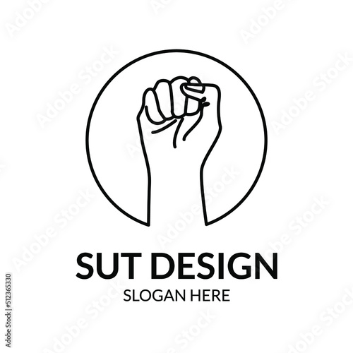 line art hand clenching in the air with line art symbol