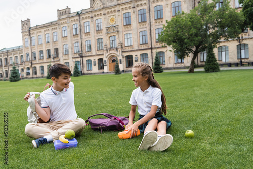 Smiling multiethnic schoolkids sitting near lunchboxes on grass in park.