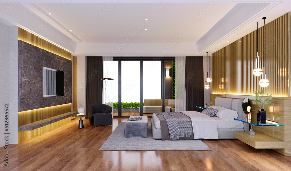 Fototapeta premium 3d rendering,3d illustration, Interior Scene and Mockup,Modern hotel bedroom minimalist interior design.