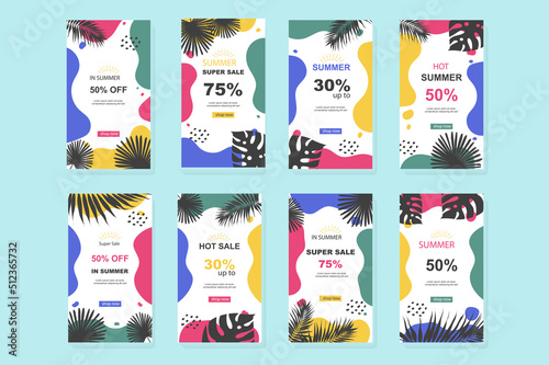 Summer sale template for instagram stories. Mockups vertical design with discount prices for seasonal online shopping with tropical leaves frames. Collection layouts for insta story at social network