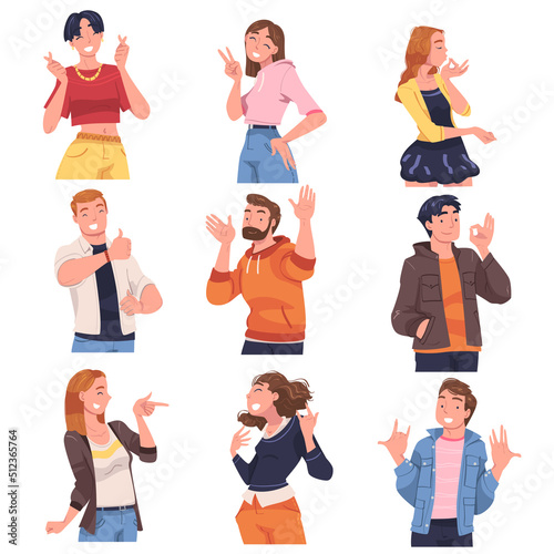 People Character Showing Positive Gesture Like Thumb Up and Ok Symbol Vector Illustration Set