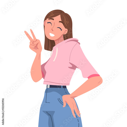 Woman Character Showing Positive V Sign Hand Gesture Vector Illustration