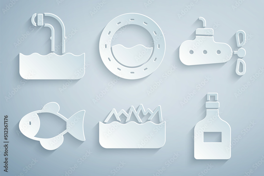 Set Sharp stone reefs, Submarine, Fish, Rum bottle, Ship porthole and Periscope icon. Vector