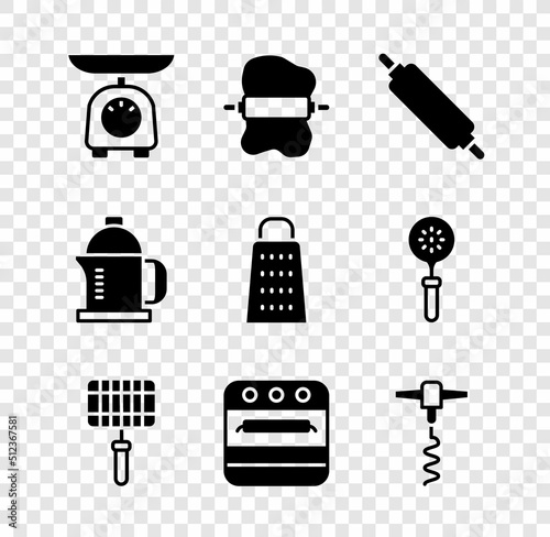 Set Scales, Rolling pin on dough, Barbecue steel grid, Oven, Wine corkscrew, French press and Grater icon. Vector