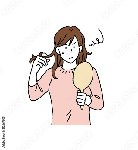 シンプルなタッチ　癖毛に悩む女性のイラストレーション