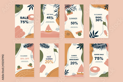 Summer sale template for instagram stories. Vertical promo banners design with abstract elements of summertime vacation at sea and tropical leaves. Collection layouts for insta story at social network