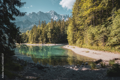 The Eibsee lake and the Zugspitze Mountain in Garmisch-Partenkirchen, Germany