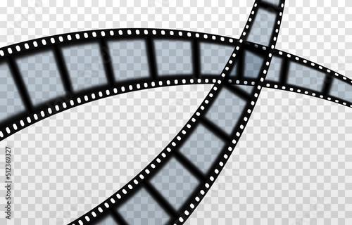Vector film strip PNG. Roll of retro film strip on isolated transparent background. Photographic film in retro style. Curved film strip PNG.