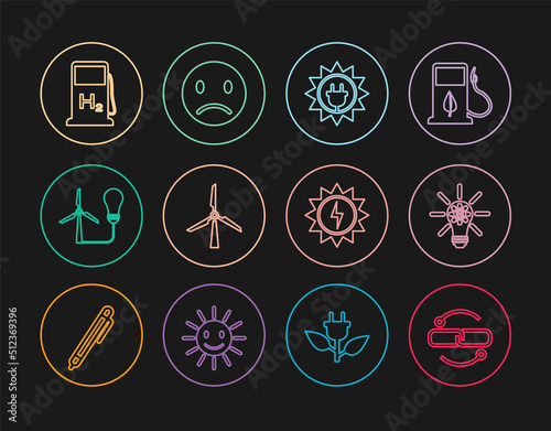 Set line Chain link line, Light bulb with gear, Solar energy panel, Wind turbine, wind, Hydrogen filling station, and Sad smile icon. Vector
