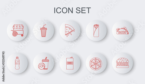 Set line Burger, Bottle of water, Slice pizza, Pizza, Fast street food cart, Glass with, Soda drink donut and Beer can icon. Vector