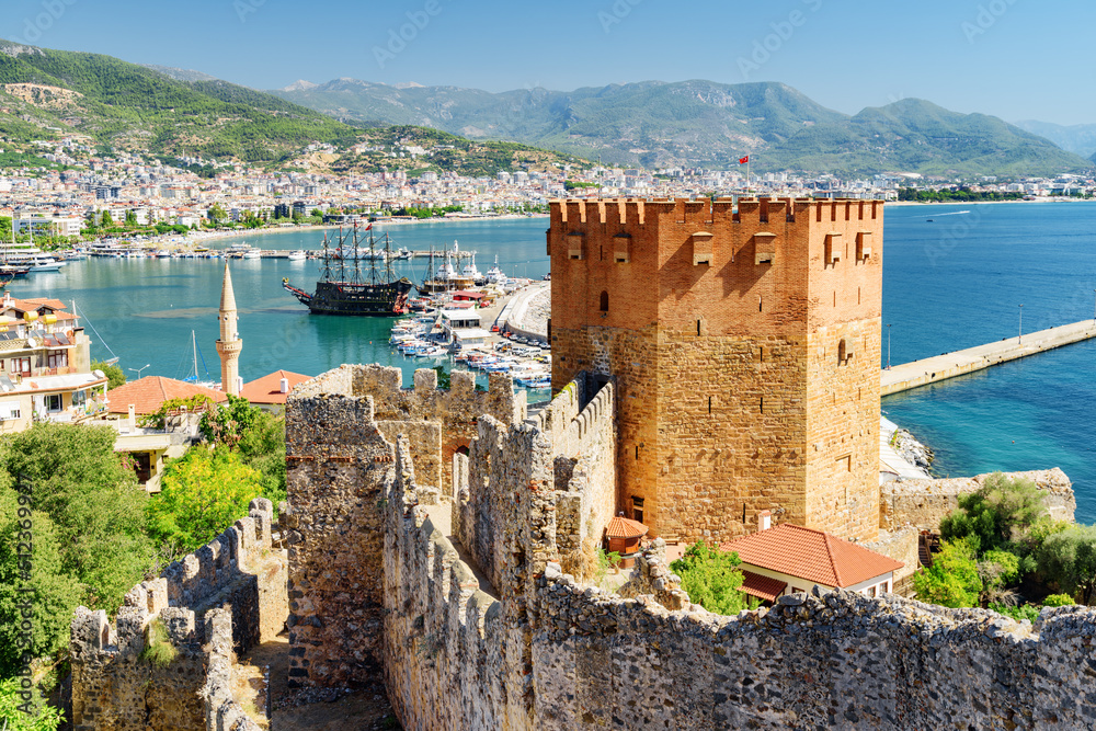 View of Red Tower from fortress walls of Alanya Castle