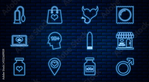 Set line Male gender symbol, Sex shop building, Devil heart with horns, Head 18 plus, Laptop content, Penis pump, Dildo vibrator and Shopping bag icon. Vector