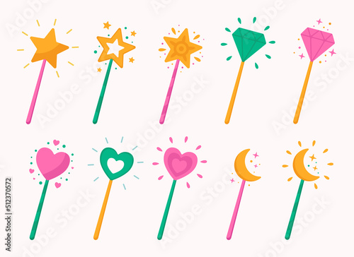 Decorative magic wands collection for princess, girls. Fairy tale elements. Vector illustration.