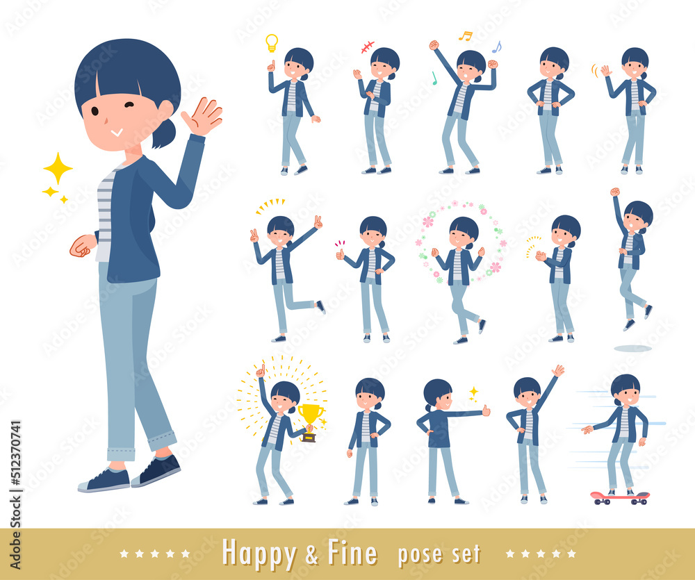 元気なポーズをしているナチュラルスタイル女性のセット