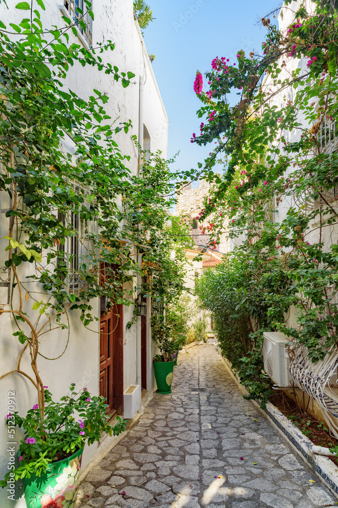 Awesome view of a cozy narrow street in Marmaris, Turkey