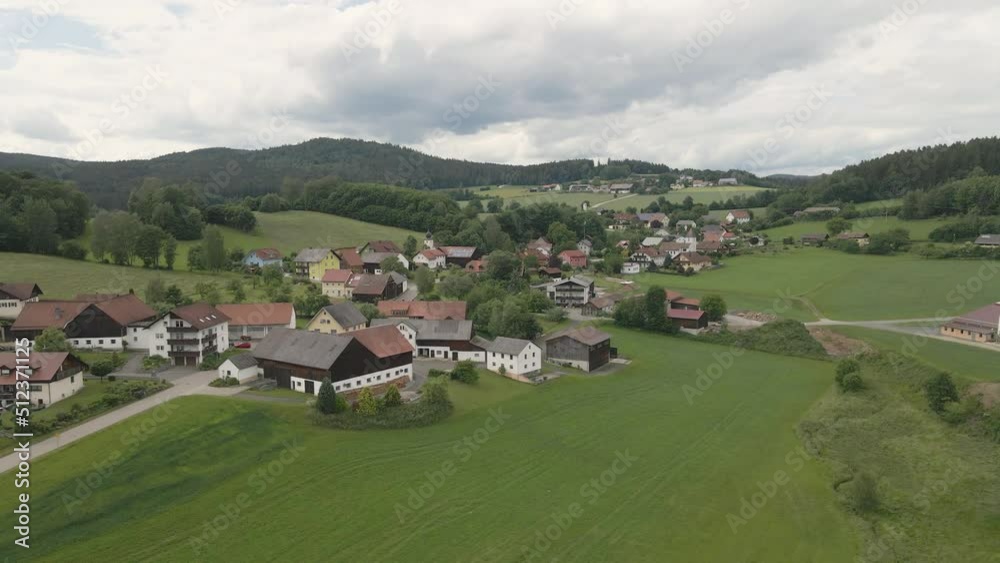 Scenic aerial view of a village in Bavaria on a sunny summer day