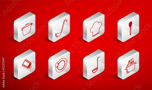 Set line Cooking pot, Kitchen ladle, Chef hat, whisk, Washing dishes and Salt and pepper icon. Vector