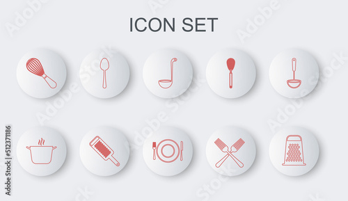 Set line Grater, Cooking pot, Kitchen ladle, Crossed fork, whisk, Spoon, and Plate, and knife icon. Vector