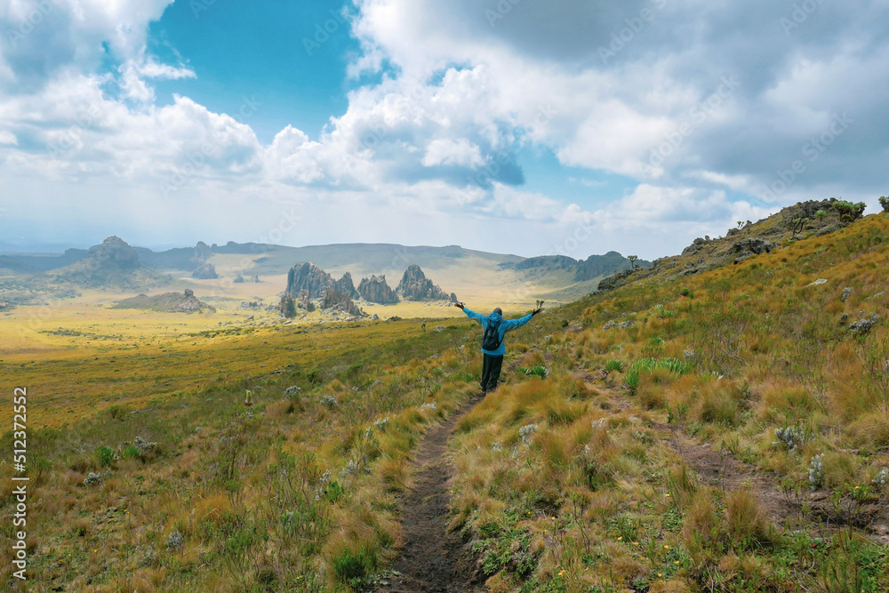 Obraz premium View of a man against mountains at Ol Doinyo Lestima Dragons Teeth in the Aberdares, Kenya