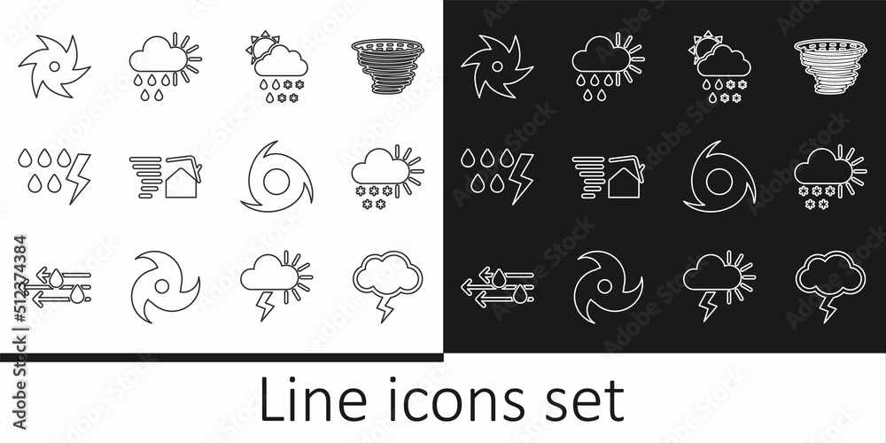 Set line Storm, Cloudy with snow, snow, rain, sun, Tornado swirl, and and icon. Vector