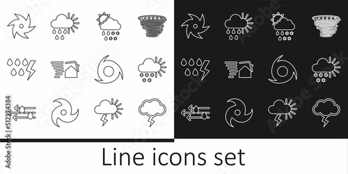 Set line Storm  Cloudy with snow  snow  rain  sun  Tornado swirl  and and icon. Vector