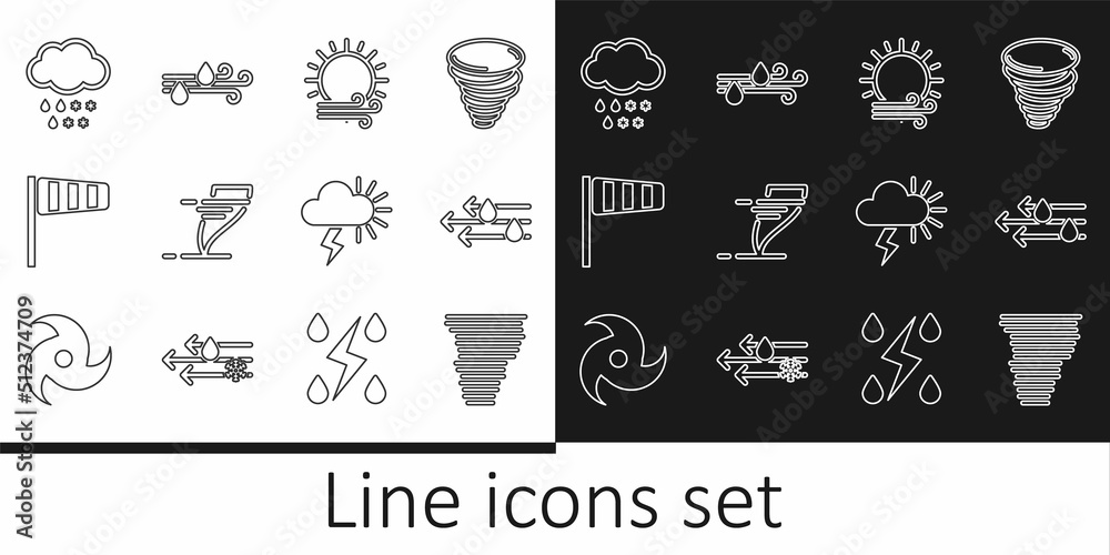 Set line Tornado, Wind and rain, sun, Cone windsock wind vane, Cloud with snow, Storm and icon. Vector