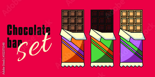 Chocolate set. Outline flat vector art. Dark, milk and white chocolate bar. Isolated illustration collection. Trendy retro colors. Organic cocoa sweets