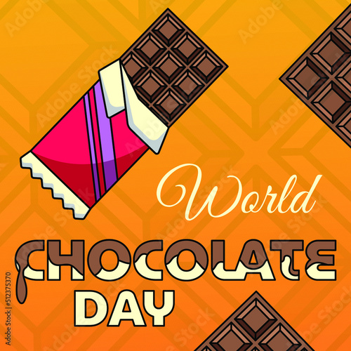 World chocolate day. Square social media banner. Sweet flat outline chocolate bar and text. Festive vector illustration isolated on bright background