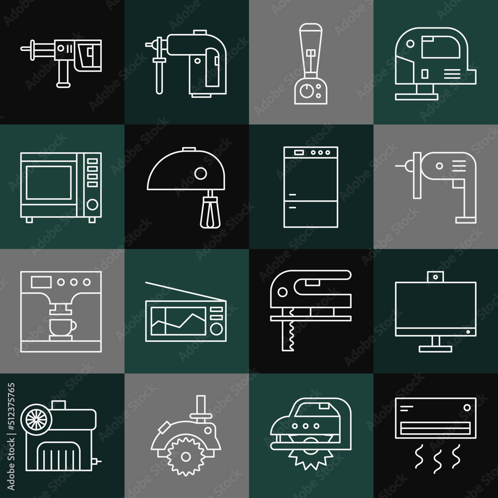 Set line Air conditioner, Computer monitor, Electric drill machine, Blender, mixer, Microwave oven, Rotary hammer and Refrigerator icon. Vector Set line Air conditioner, Computer monitor, Electric drill machine, Blender, mixer, Microwave oven, Rotary hammer and Refrigerator icon. Vector
