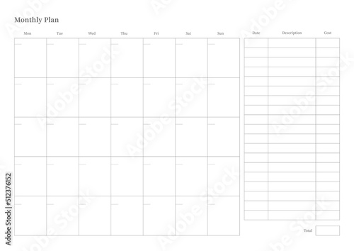 Note, scheduler, diary, calendar planner document template illustration. Monthly plan.