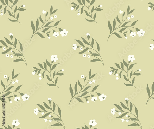 Seamless pattern with decorative flowers branches in natural colors. Rustic floral print  romantic botanical background with delicate hand drawn plants  small flowers  leaves on the branches. Vector.
