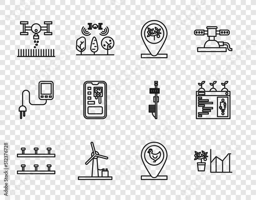 Set line Automatic irrigation sprinklers, Flower statistics, Location and tree, Wind turbine, Smart farm with drone, control farming system, Chicken location and technology icon. Vector