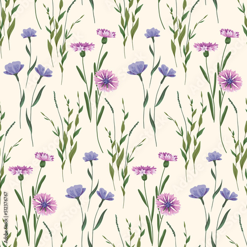 Seamless pattern with wild flowers on a white field. Romantic floral print, rustic botanical background with hand drawn plants, cornflower, other wild flowers, leaves, herbs. Vector.