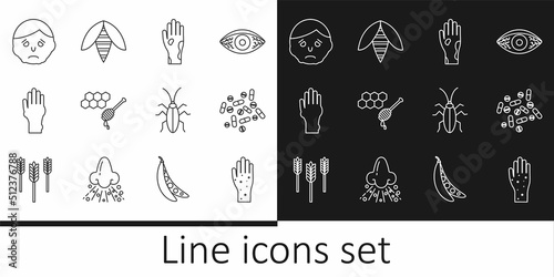 Set line Hand with psoriasis or eczema  Medicine pill tablet  Honeycomb honey dipper  Inflammation face  Cockroach and Bee icon. Vector