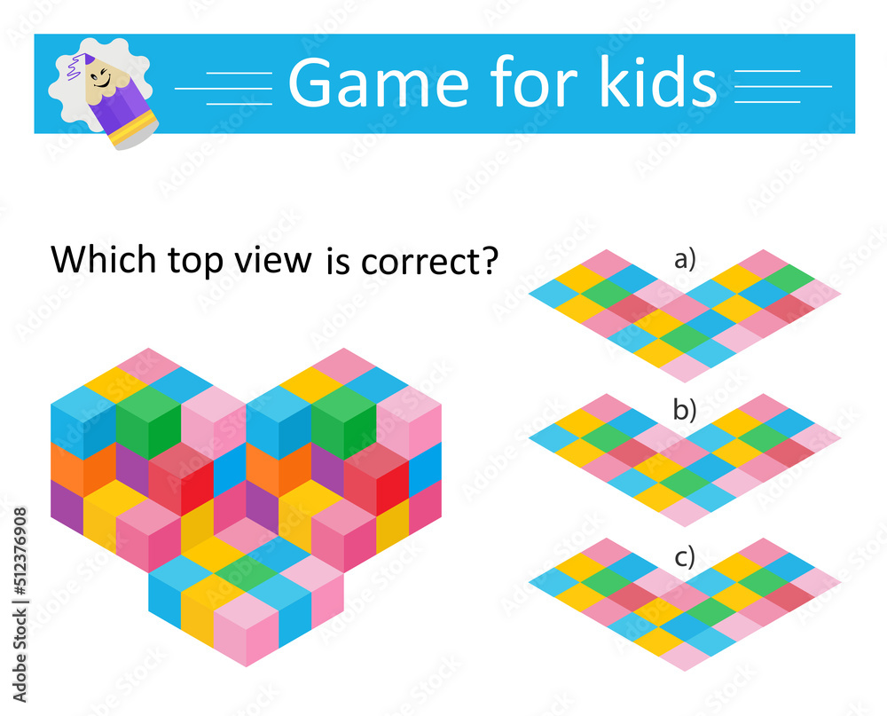 Logic game. Which top vıew is correct? IQ training test. Visual intellect. Vector illustration. Answer is B Logic game. Which top vıew is correct? IQ training test. Visual intellect. Vector illustration. Answer is B