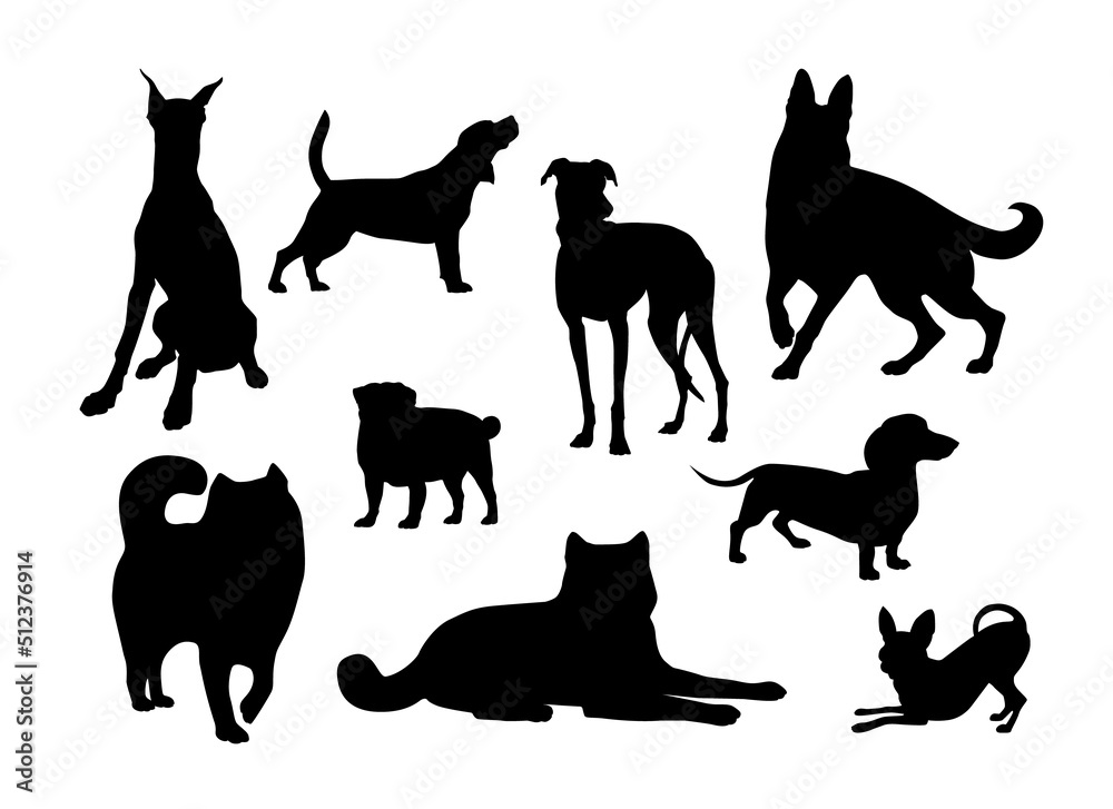 Set of silhouettes of different dog breeds.

