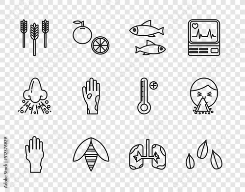 Set line Hand with psoriasis or eczema, Sesame seeds, Fish, Bee, Wheat, Lungs and Handkerchief to his runny nose icon. Vector
