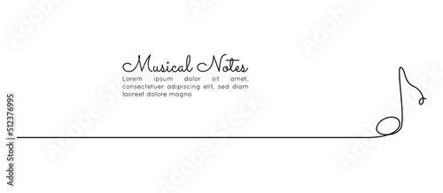 One continuous line drawing of musical single note. Minimalist web banner and logo of music school or choir concert in simple linear style. Editable stroke. Doodle vector illustration.