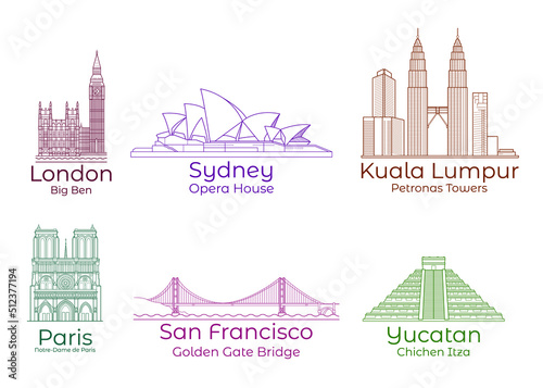 Vector illustration Set of landmarks and monuments.