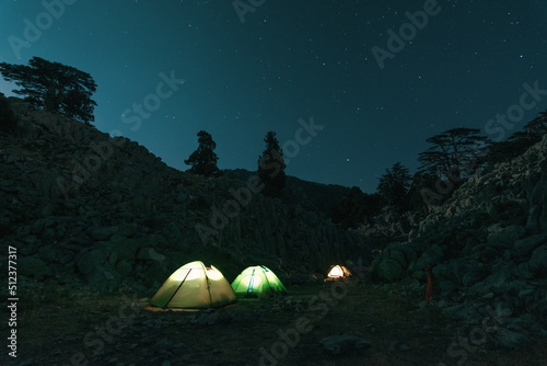 Rear view, tourists are sitting by brightly blazing bonfire between the tents against the backdrop of mountain valley and pine forest under blue night sky with bright stars. Outdoor activity concept