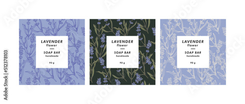 Vector set seamless patterns for cosmetics with template design labels. Backgrounds with lavender flowers for handmade soap.