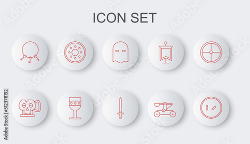 Set line Round wooden shield, Cup from the skull, Executioner mask, Catapult shooting stones, Old keys, Medieval goblet and sword icon. Vector